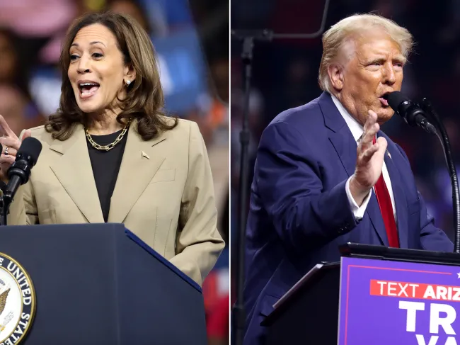 Side by side of Kamala Harris and Donald Trump speaking at campaign rallies.
